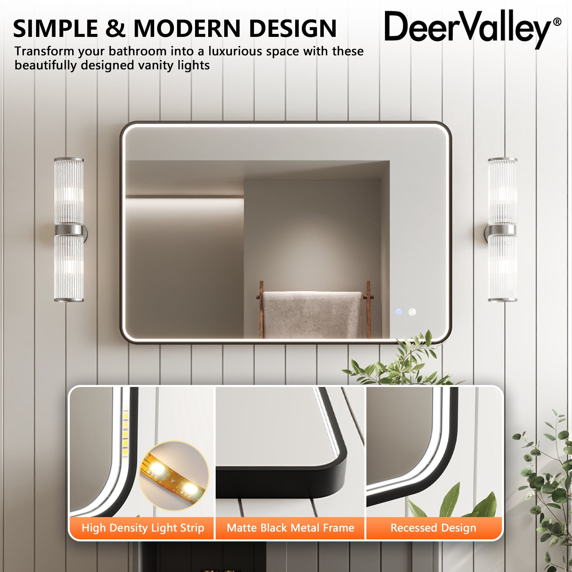 36 in. W x 24 in. H Rectangular Framed Dimmable LED Light Anti-Fog Wall Bathroom Vanity Mirror in Black