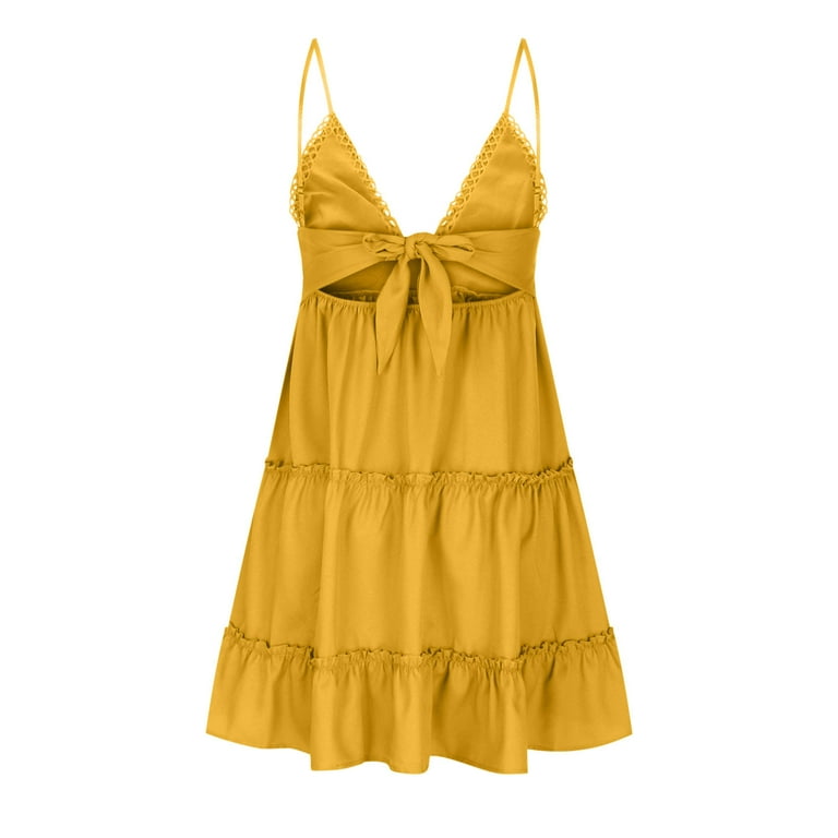Vkekieo Tshirt Dresses for Women Sun Dress V-Neck Sleeveless Solid Yellow M