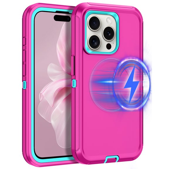 I-HONVA For iPhone 15 Pro Case Compatible with MagSafe,3-Layer Military Grade Drop Protection Anti-Slip Rugged Shockproof Dustproof Protection6.1 inch Phone Case,Rose Turquoise