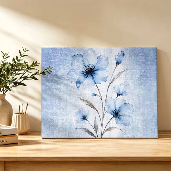 Boho Translucent Floral Canvas Wall Art, Shabby Chic Blue Flower Wall Art Prints Artwork Framed Canvas Ready to Hang Art Pictures for Bathroom, Dressing Table, Entryway 12" x 8"