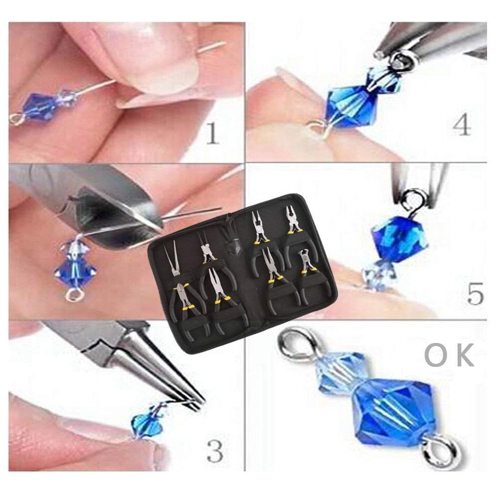 8PCs Mini Pliers Set, Long Nose with Teeth, Flat Jaw, Round Curve Needle Diagonal Wire End Cutting Cutter Linesman Plier Black Grips & Protective Pouch