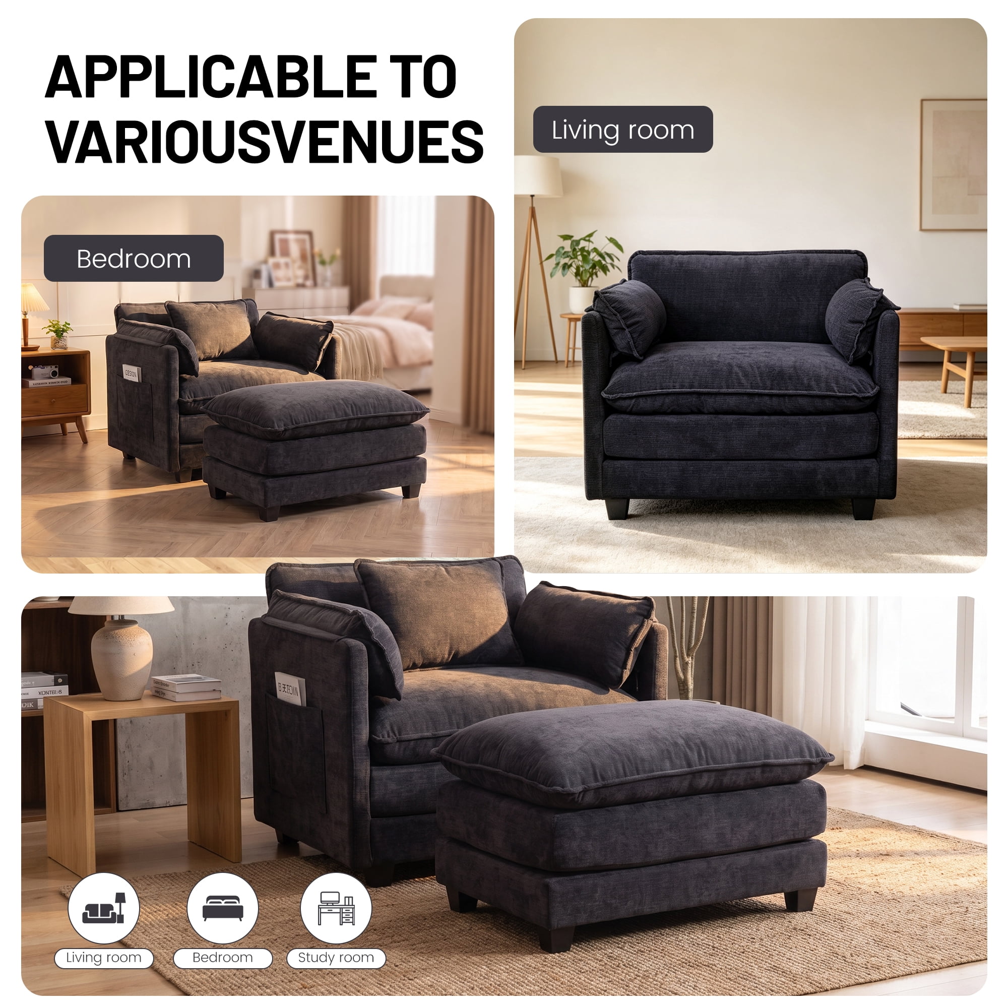 39.76" Oversize Accent Chair wirh Ottoman Armchair Set with Side Pocket