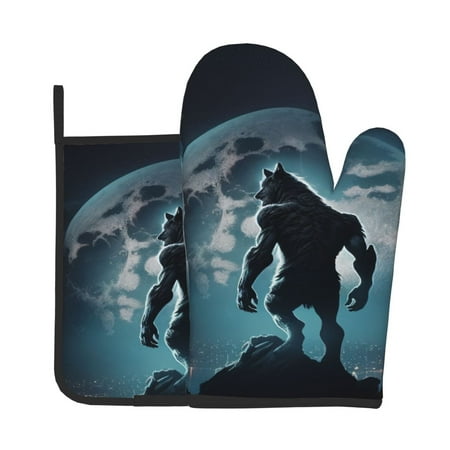 

Xecao Moon Wolf Warrior Pattern Oven Mitts and Pot Holders Sets Heat Resistant Silicone Oven Mittens Extra Thicken Long Kitchen Cotton Oven Glove for Cooking