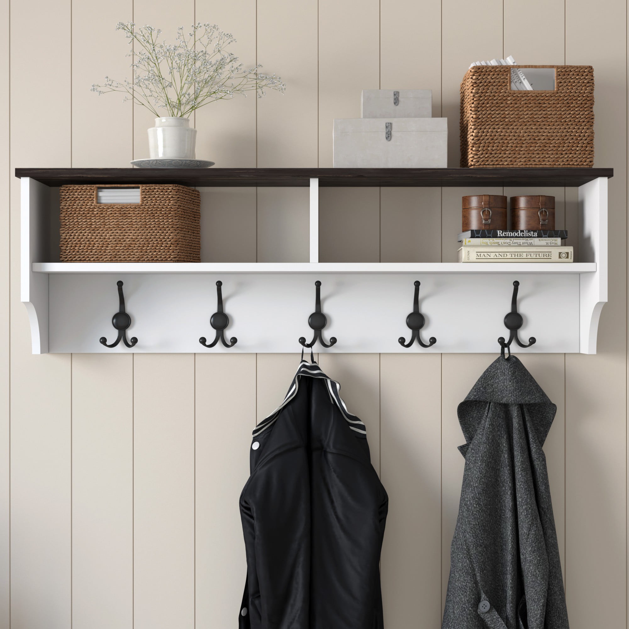 Wall Mounted Coat Rack with Accent Shelves and 10 Hooks, White Finish 