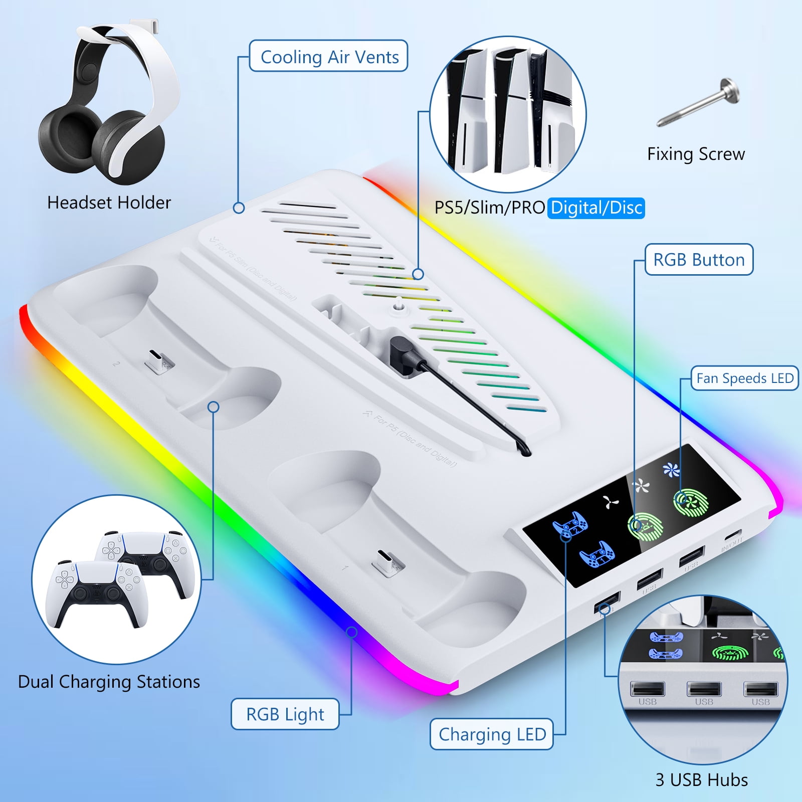 BRHE PS5/PS5 Slim/PS5 Pro Cooling & Charging Station ,PS5/ PS5 Slim/PS5 Pro Stand for Disc & Digital Console,PS5 Controller Charger,PS5 Accessories with 3 Charging Ports,Headset Holder (White)