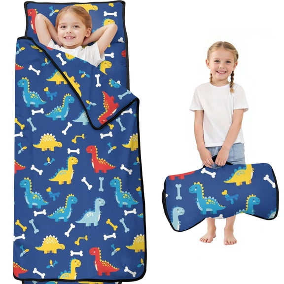 DarkBlue Cartoon Dinosaurs Bones Pattern Teens Toddler Nap Mat with Pillow, Sleeping Mat Bag for Preschool Daycare 59"x22"