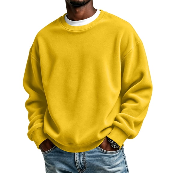 Men's Crew Neck Long Sleeve Solid Sweatshirt Lightweight Casual Pullover Comfortable Basic Top for Fall Winter Everyday Wear and Weekend Outings Yellow M