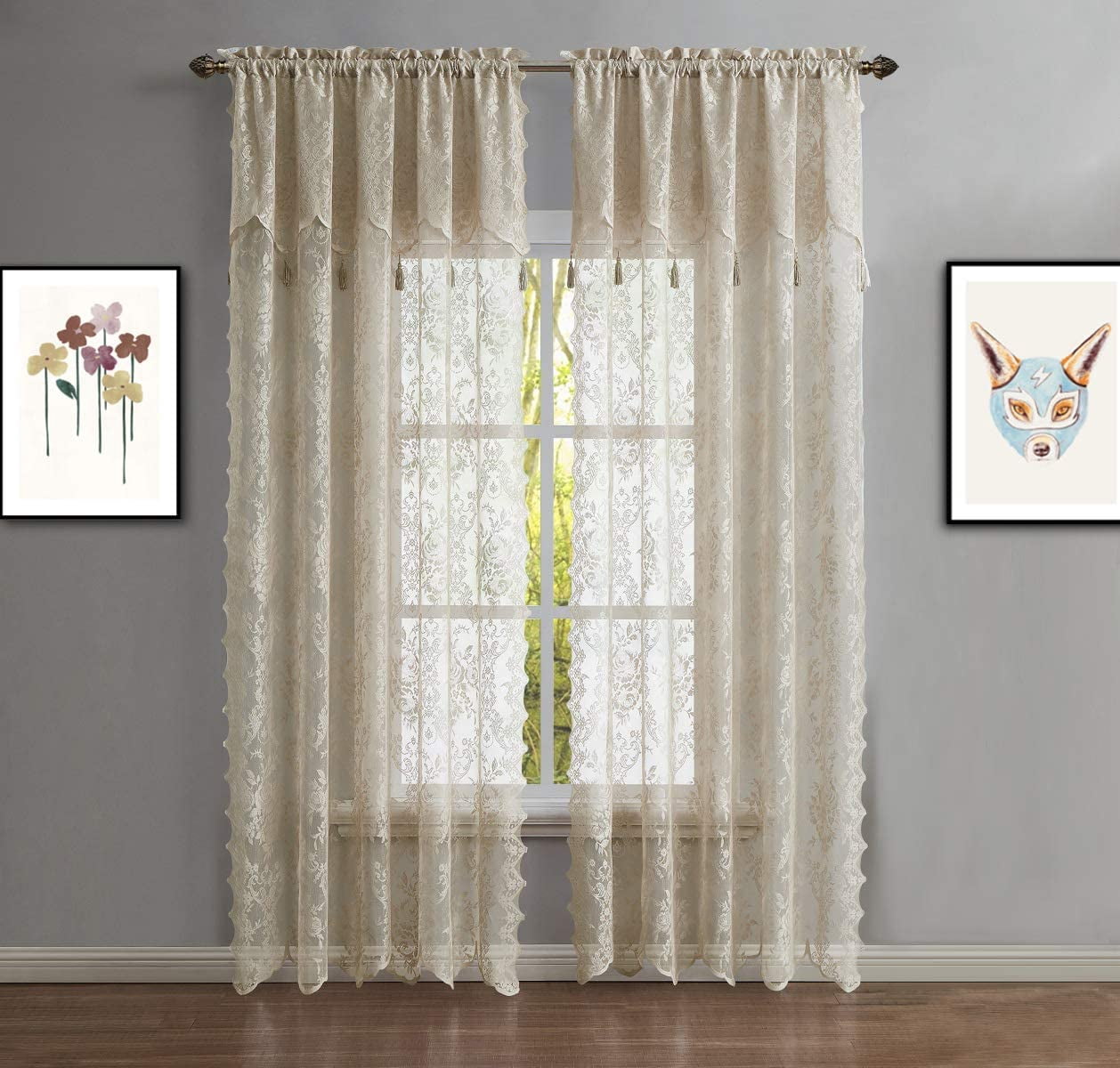 Warm Home Designs Pair of Short Length 54” (W) x 63” (L) Semi Sheer Gold Linen Lace Curtains. L Linen 63