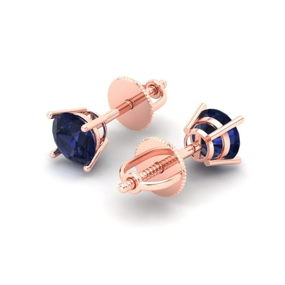 1.0 Ct Round Cut Studs Blue Sapphire 18K Rose Solid Solid Gold Everyday Dainty Earrings Push Back