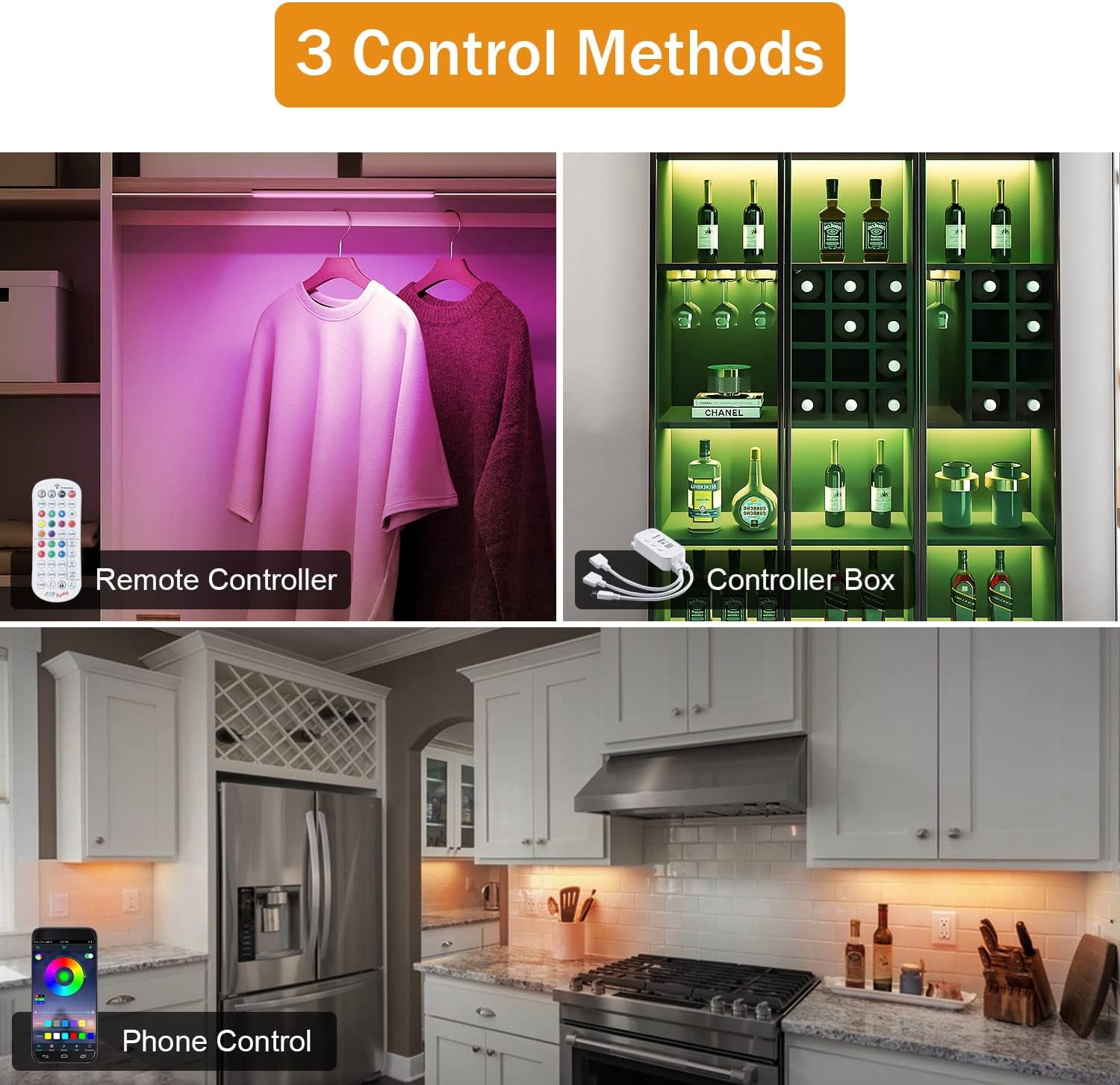 Linkable RGB Under Cabinet Lights - 6 Pack LED Closet Lighting with Remote and APP Control, 24V, 18W (RGB + Warm White) for Kitchen and Closet Use