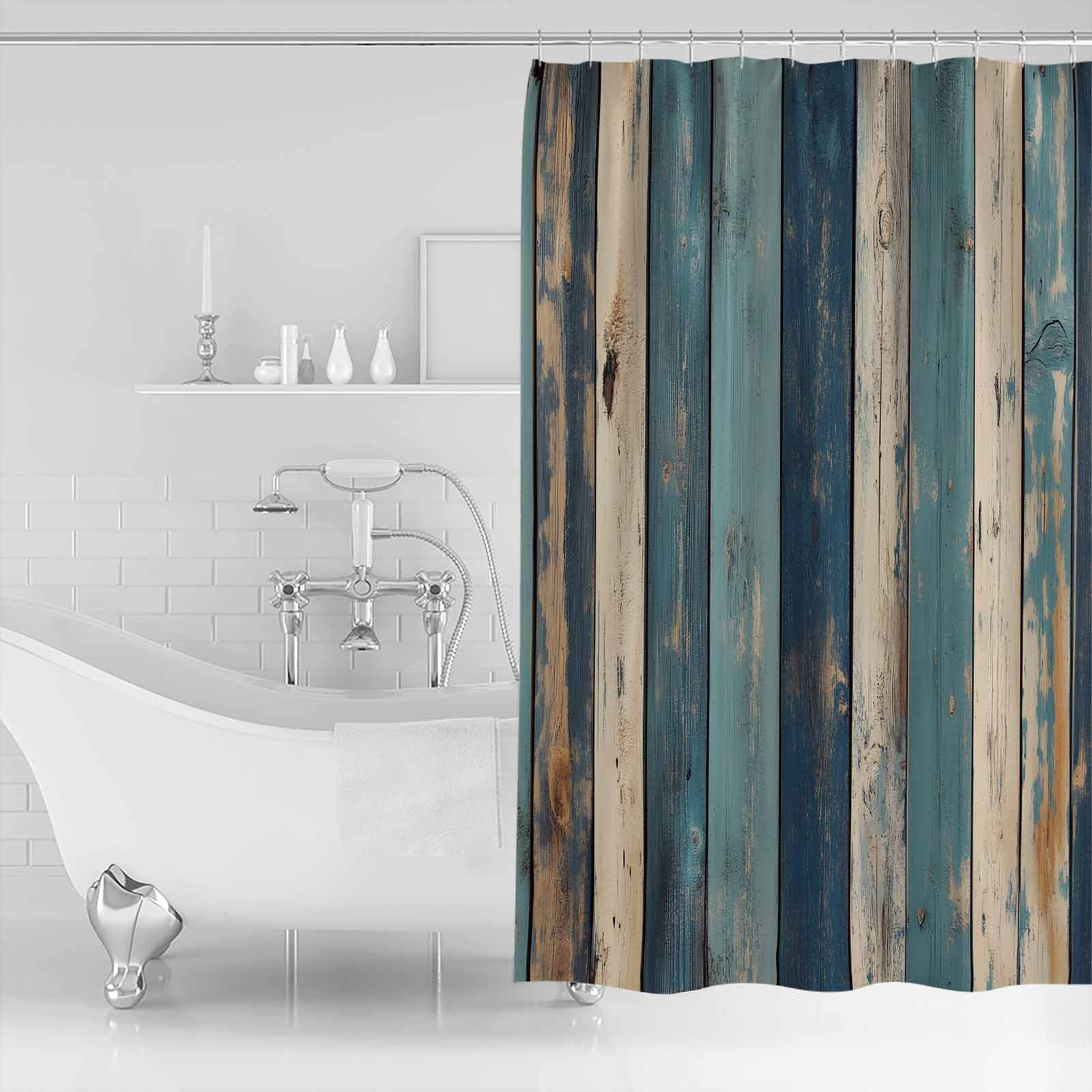 72x78 Inch Shower Curtain Teal Beige Stripe Bathroom Decor Waterproof Fabric Bathtub Bath Curtains Decorative Farmhouse Vintage Wooden Grain Extra Long Shower Curtain Set with Hooks
