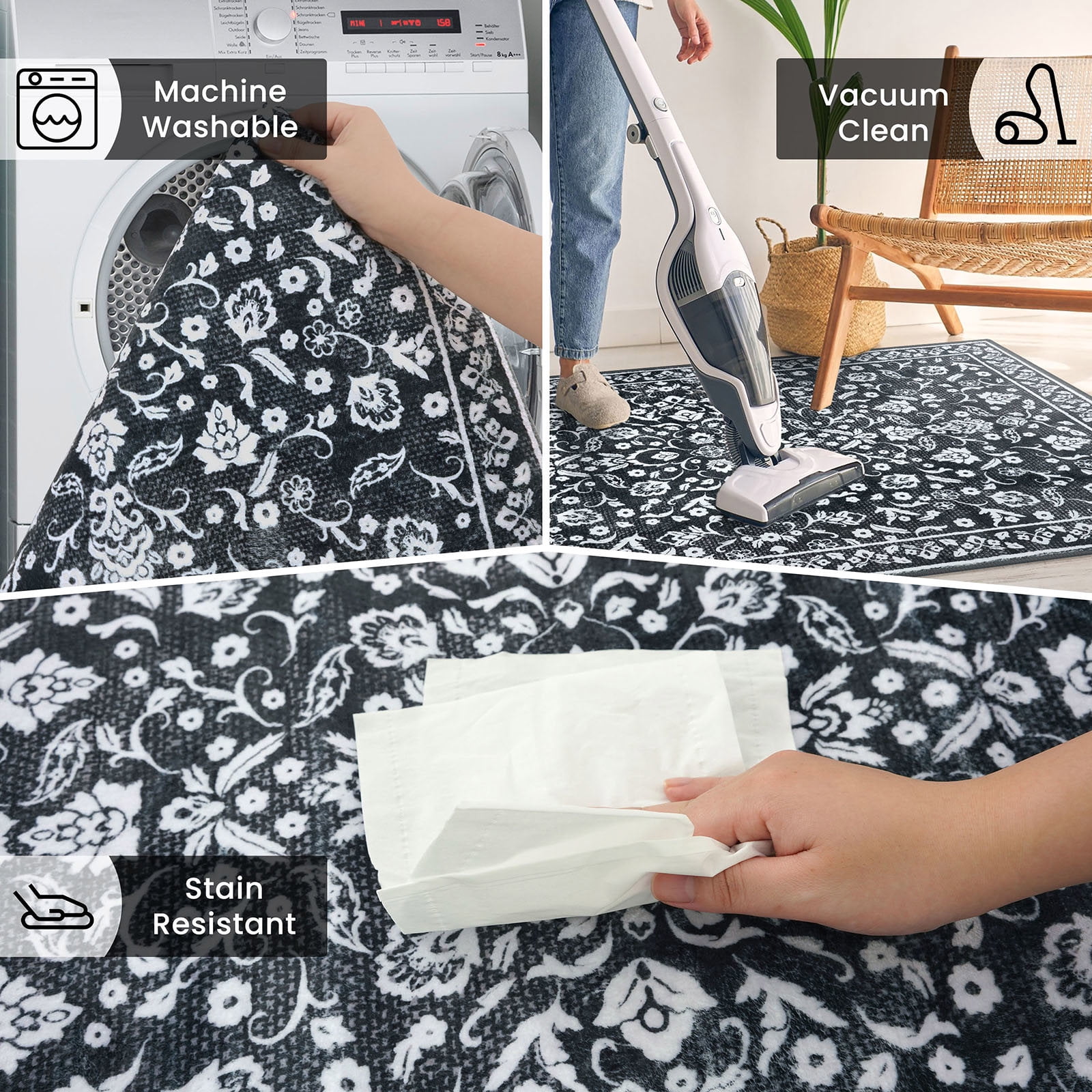 GLATTICE Entryway Rugs 3x5 ft Washable Area Rug Super Soft Rug Non Slip Rubber Backed Entry Rug for Kitchen Bedroom Office Living Room, Charcoal Black White