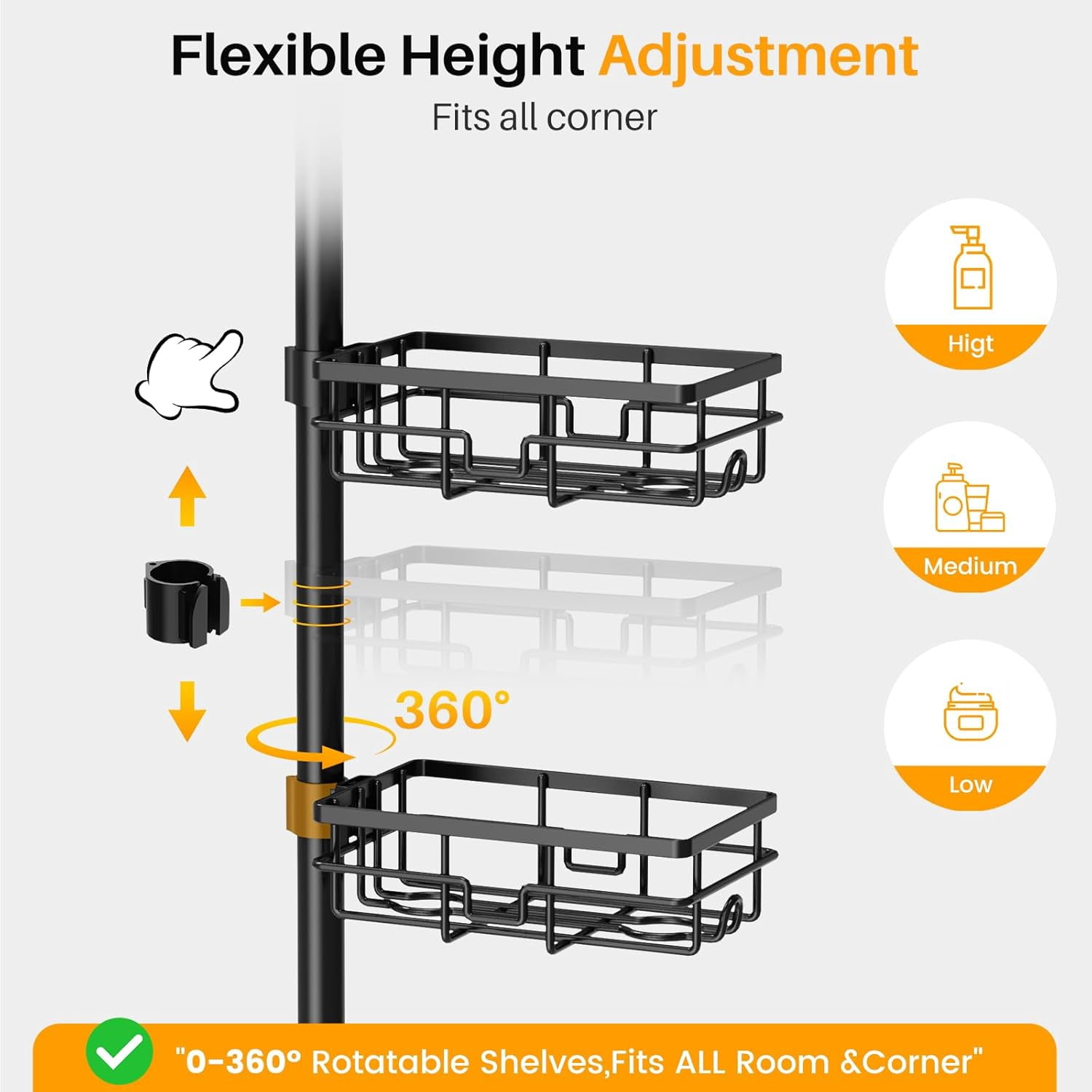 Corner Shower Caddy Organizer Tension Pole, Adjustable 6 Shower Shelves Corner Shelf 30-120Inch Rustproof Shower Rack for Inside Shower, Extra Towel Bar Soap Dish Bathroom Organizers and Storage