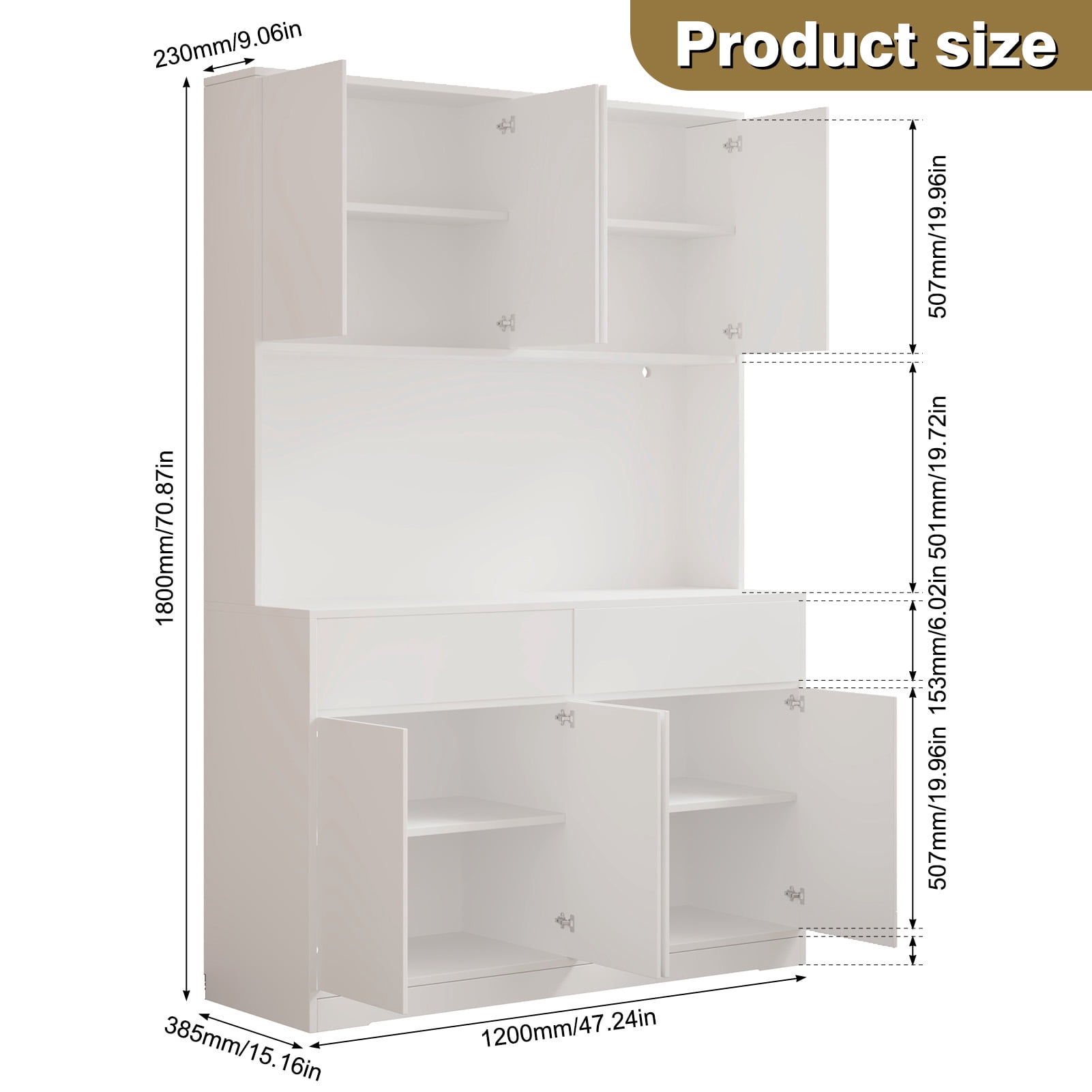 71'' Tall Coffee Bar Cabinet with LED Light & Power Charging Station, 47"W Modern Kitchen Pantry Hutch w/ 8-Door Storage Cabinet & 2 Drawers 4 Adjustable Shelves