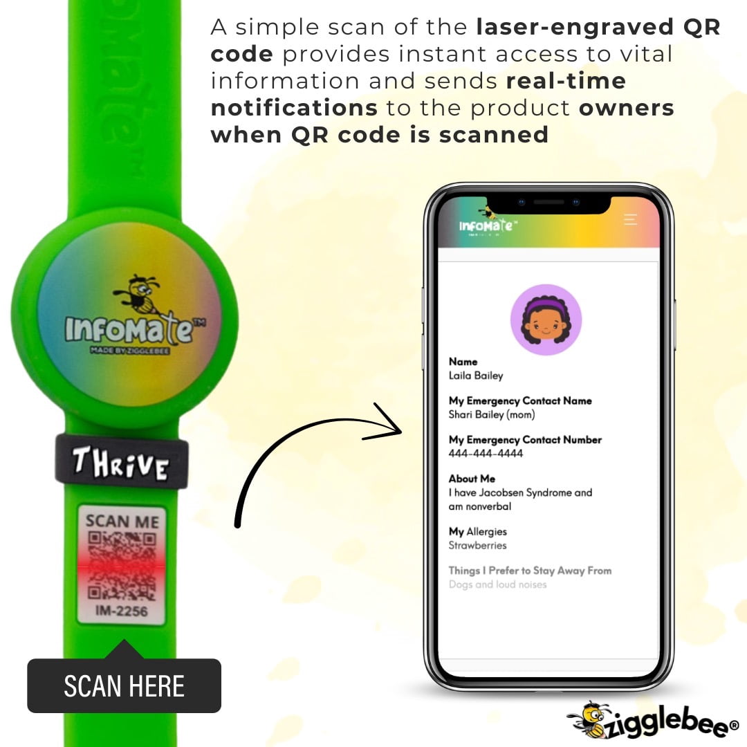 InfoMate by Zigglebee QR Code Medical Bracelet and AirTag Holder Wristband, Lime Green, Butterfly Clasp