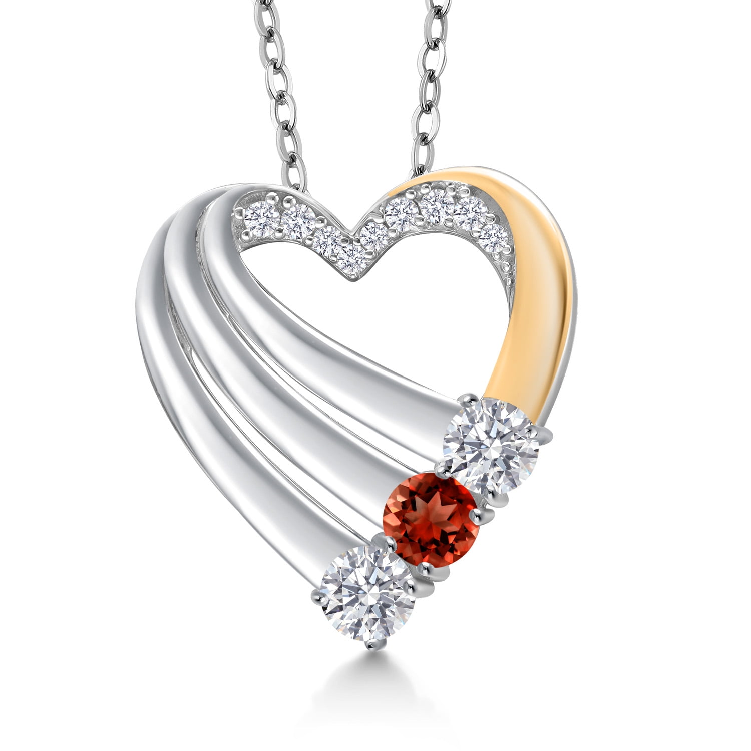 Gem Stone King 925 Silver and 10K Yellow Gold White Lab Grown Diamond and Red Garnet Heart Pendant for Women | 1.01 Cttw | Gemstone April Birthstone | With 18 inch Chain