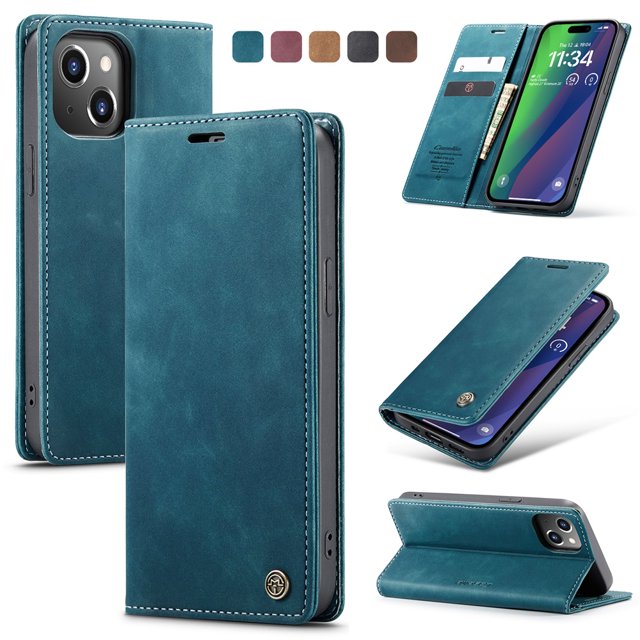 CaseMe Leather for iPhone 15 Case, Flip Wallet Leather Case with Card Holder Magnetic Closure Shockproof Kickstand Protective Phone Cases Cover for iPhone 15,Blue,For iPhone 15