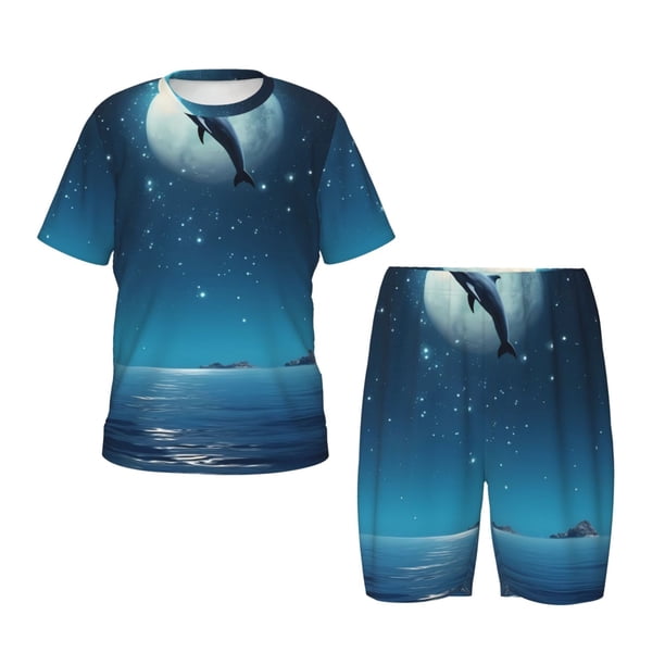 Balery Night Sky Moon Dolphin Conjunto de Pijama Infantil de Manga Corta con Estampado – Ropa de Dormir de Algodón Suave-Medium