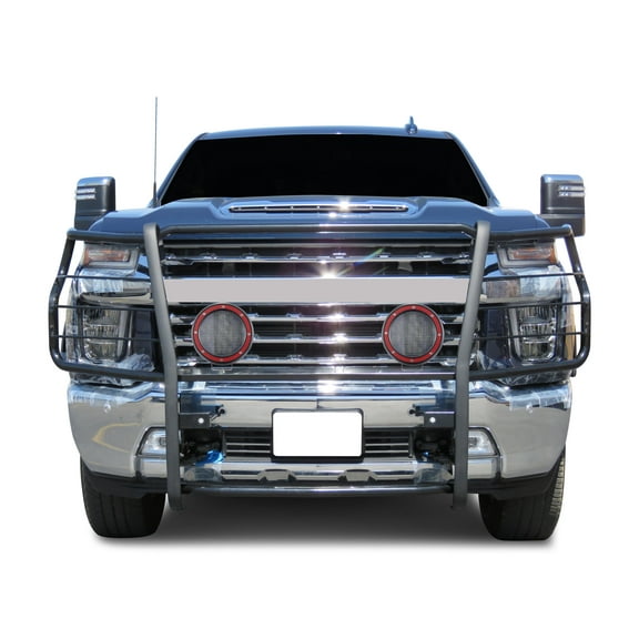 Black Horse Grille brush Bumper Guard Modular Black Come With Pair of 5.3" Dia.LED Lights with Red Trim Rings Compatible with 2020-2024 Silverado 3500 HD|2020-2024 Silverado 2500 HD-17GT30MA-PLFR