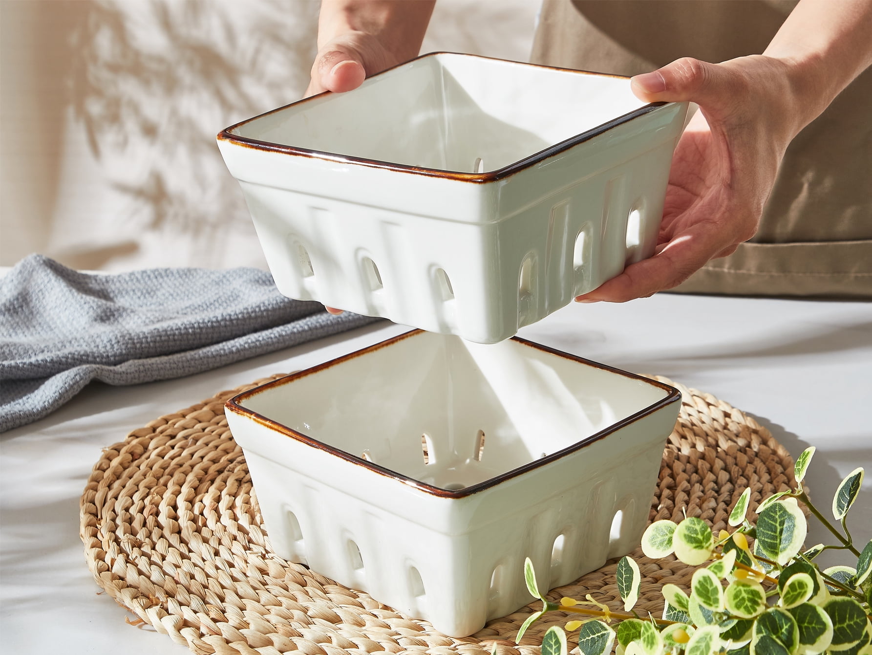 CONTENPO Ceramic Berry Basket with Holes, Berry Bowl Colander Fruit Basket for Kitchen Décor - 5.9" Berry Containers for Fridge, Cream White (2 PCS)