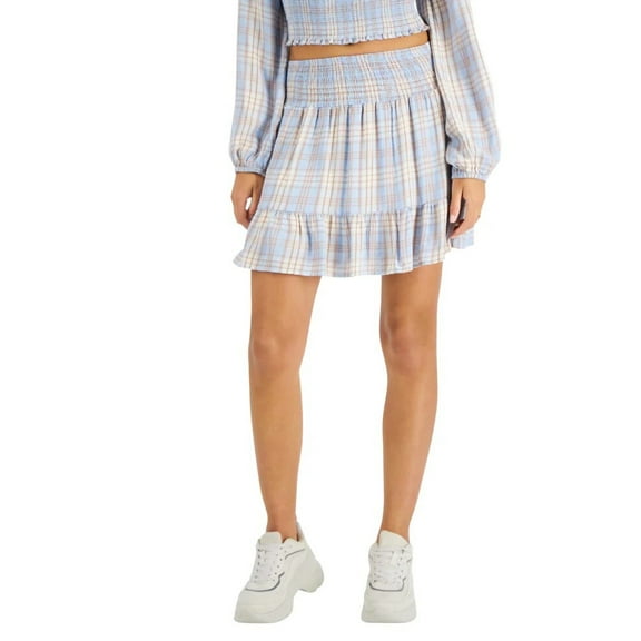 Self Esteem Juniors' Ruffled Mini Skirt Blue Plaid L B4HP