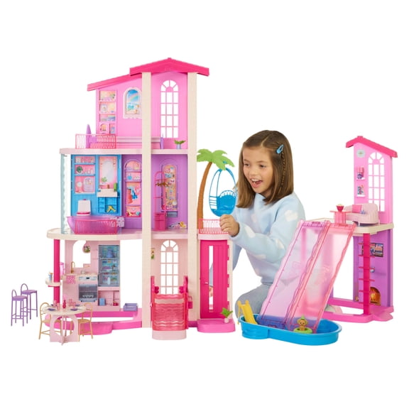 Barbie DreamHouse Dollhouse, 2 Pools, 2 Slides, 2 Houses, Elevator with 3 Levels & 65  Pieces Including Furniture & Accessories