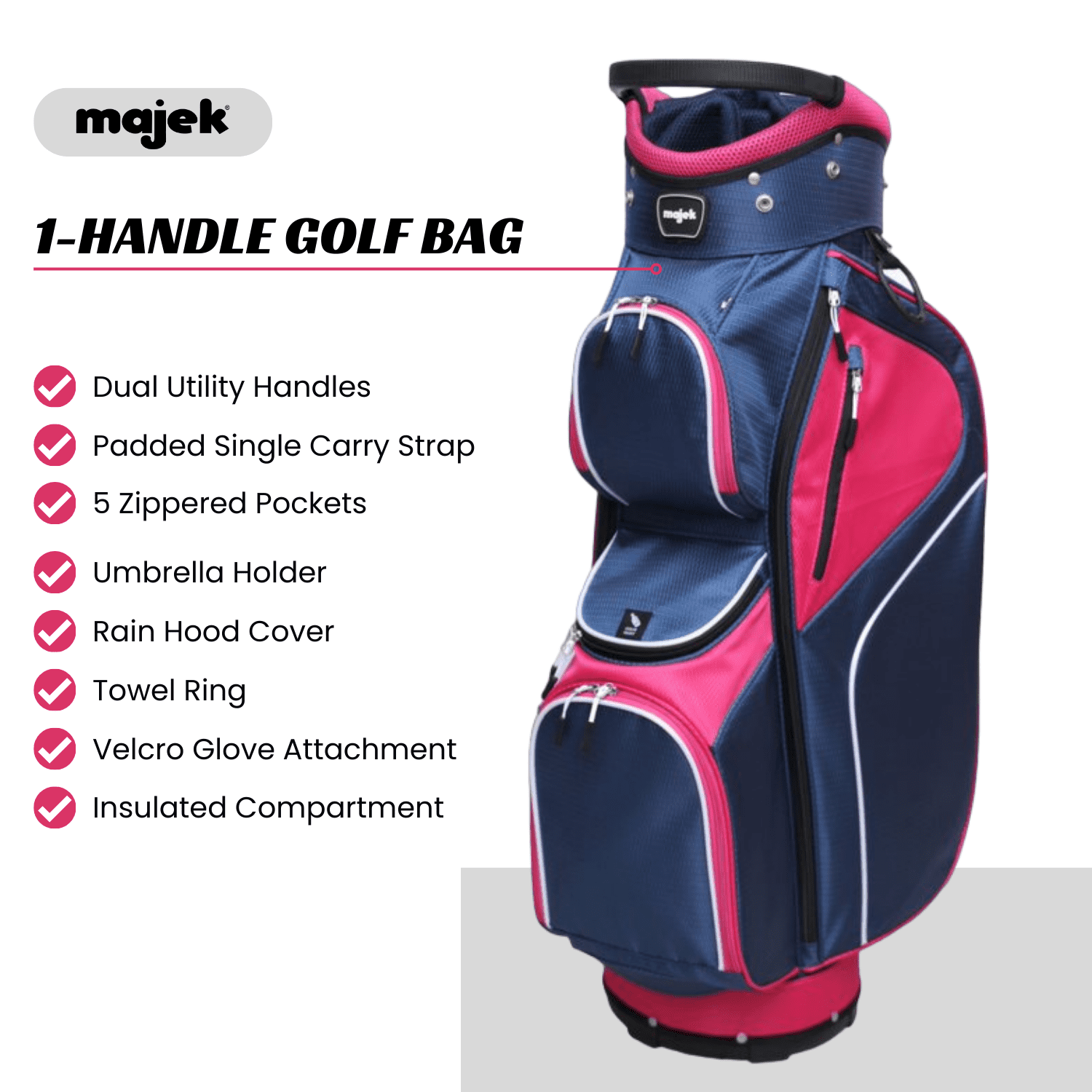 Majek Ladies Navy Blue Pink Golf Bag 9 inch 14-way Friendly Separator Top