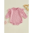 thumbnail image 2 of FEORJGP Toddler Baby Girl Solid One-piece Rompers 0 3M 6M 12M 18M Infant Long Sleeve Jumpsuits Cute Bow Jacquard Frill Trim Bodysuits Round Neck Playse Fashion Casual Clothes for Spring Fall, 2 of 8