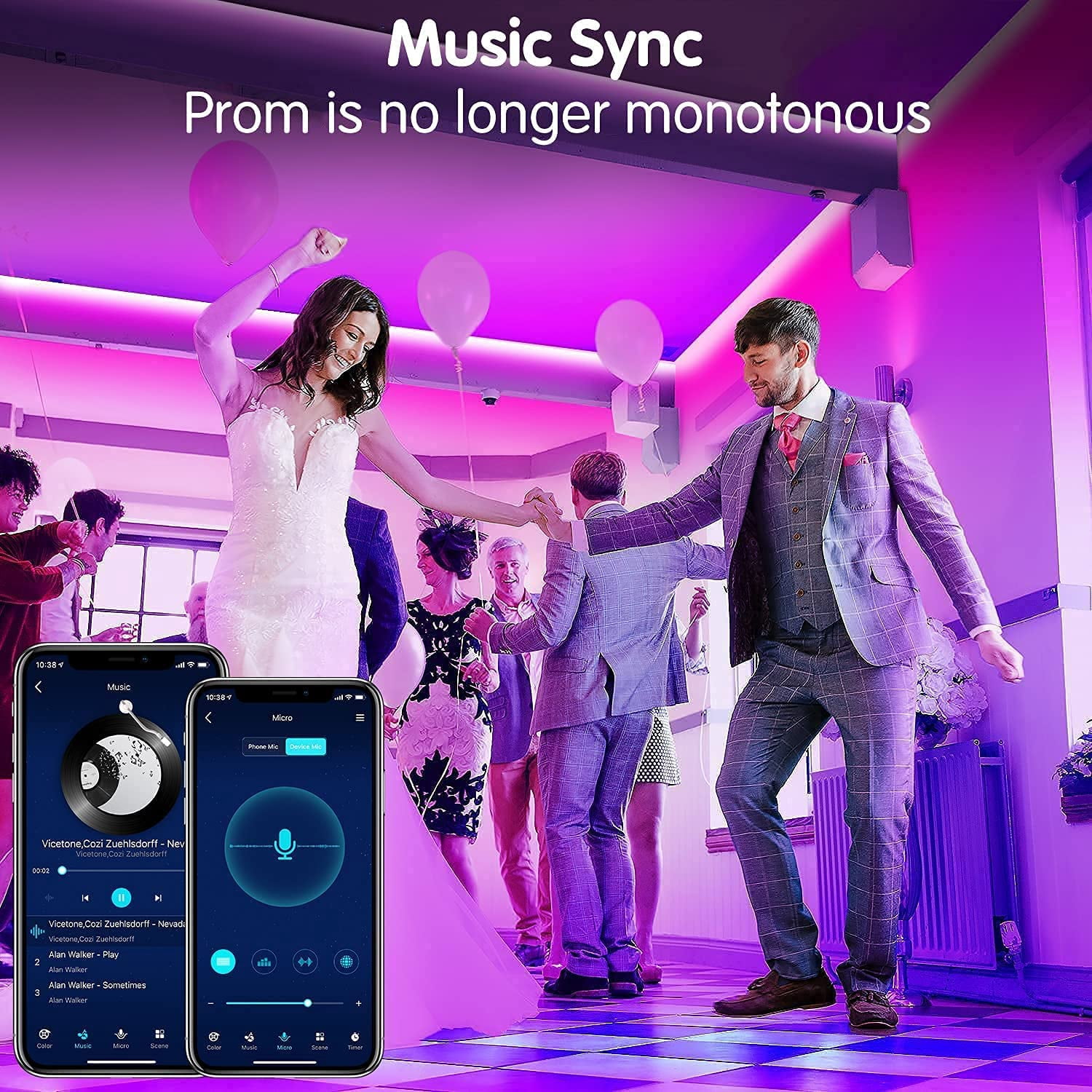 16.4ft RGB Smart LED Strip Lights Kit, Music Sync APP Color Changing Flexible Dimmable SMD 5050 LEDs Tape with 44 Key RF Remote, LED Ribbon for Home Lighting Kitchen Bar