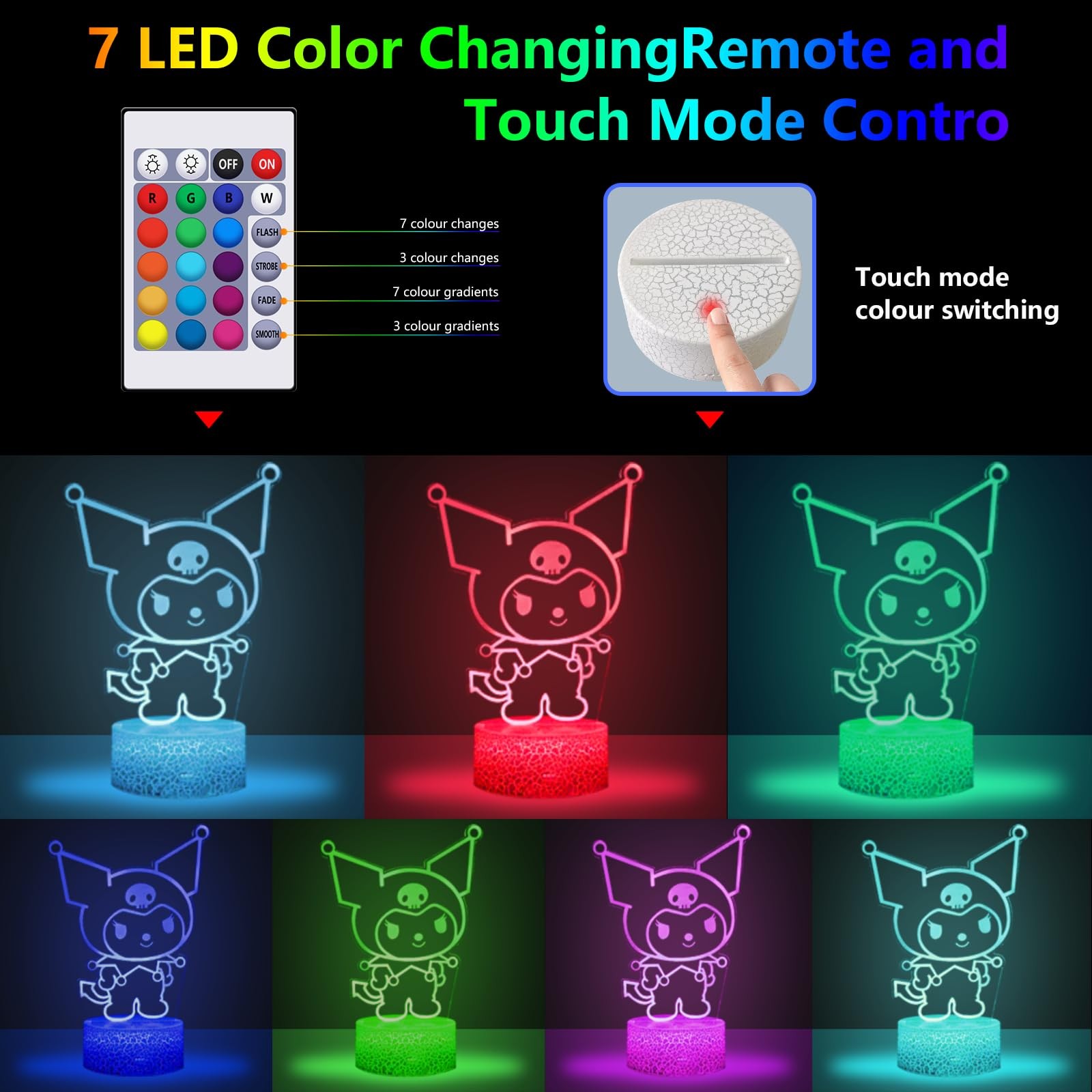 New Cute Kuromi Touch & Remote Control 16-Colors LED Table Lamp, Bedroom Warm Night Light, Bar Rstaurant Decorative Ornaments