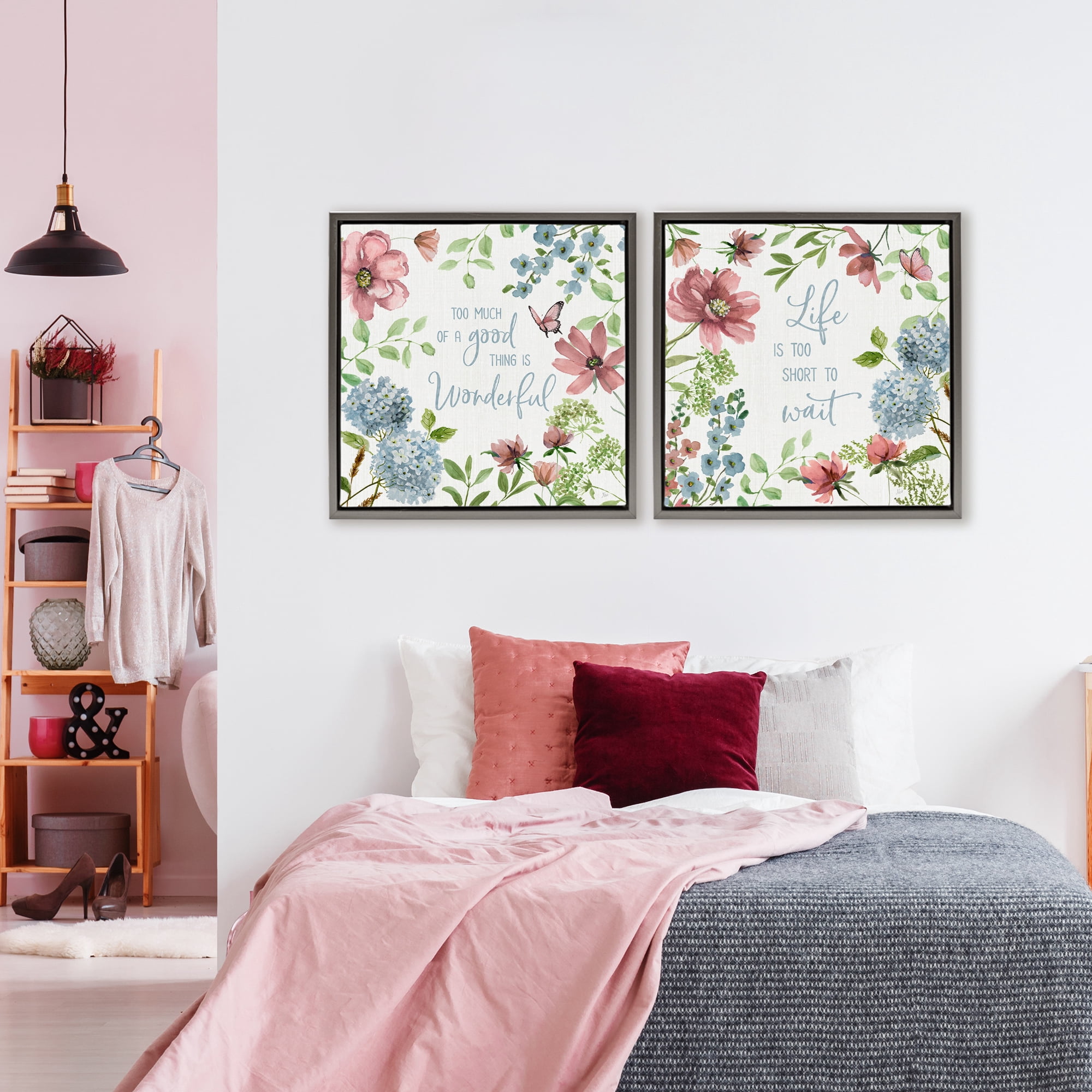 Stupell Industries Uplifting Floral Quotes 2 Piece Gray Framed Floater Canvas Set, design by Nan