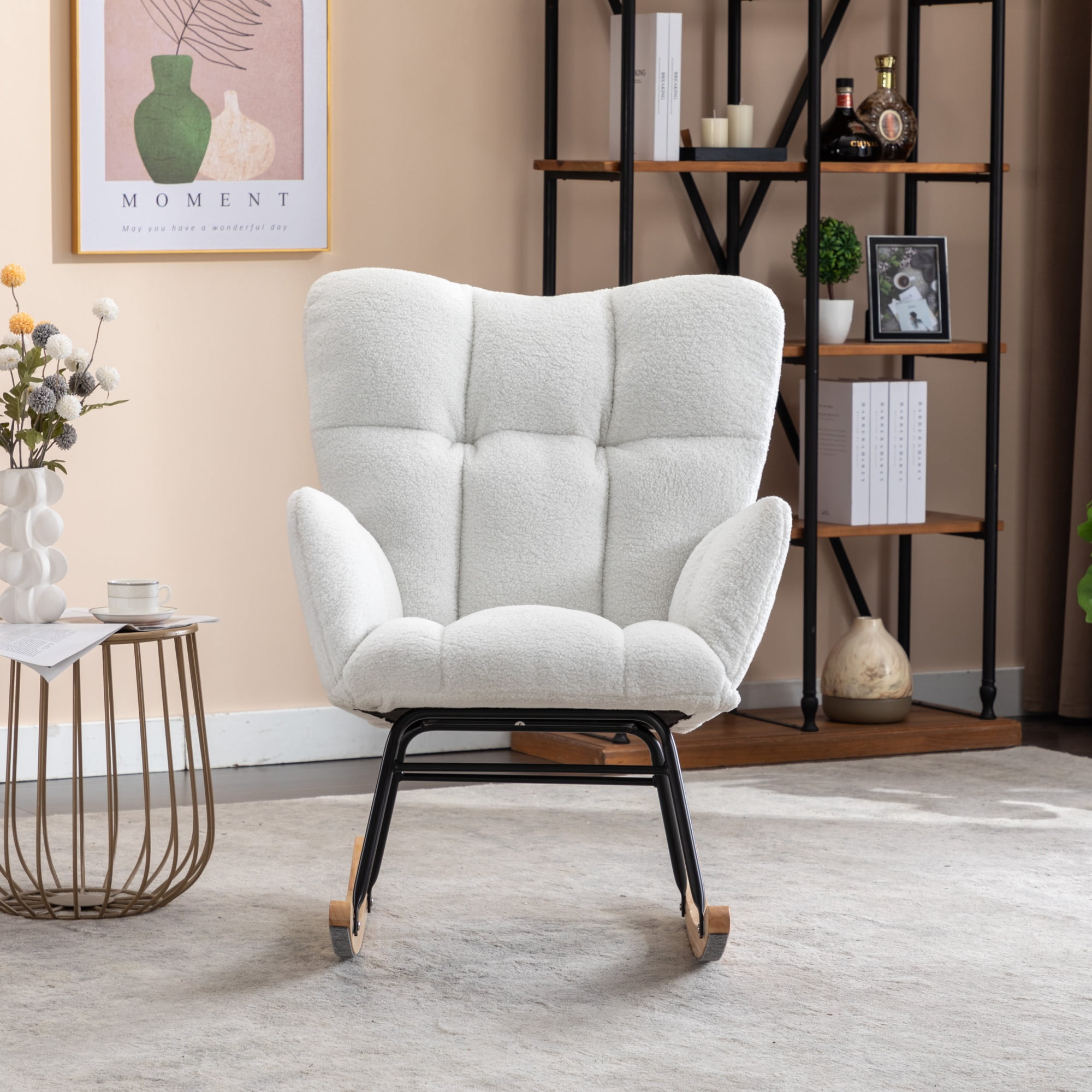 Rocking Chair Nursery,Teddy Upholstered Glider Chair with Thick Cushion,Tufted Gliding Rocker Chair with Wood Leg,Cozy Rocking Armchair,Accent Rocking Chair for Living Room,Ivory