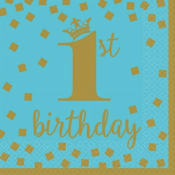 1st Birthday Blue and Gold Lunch Napkins, 16 Count