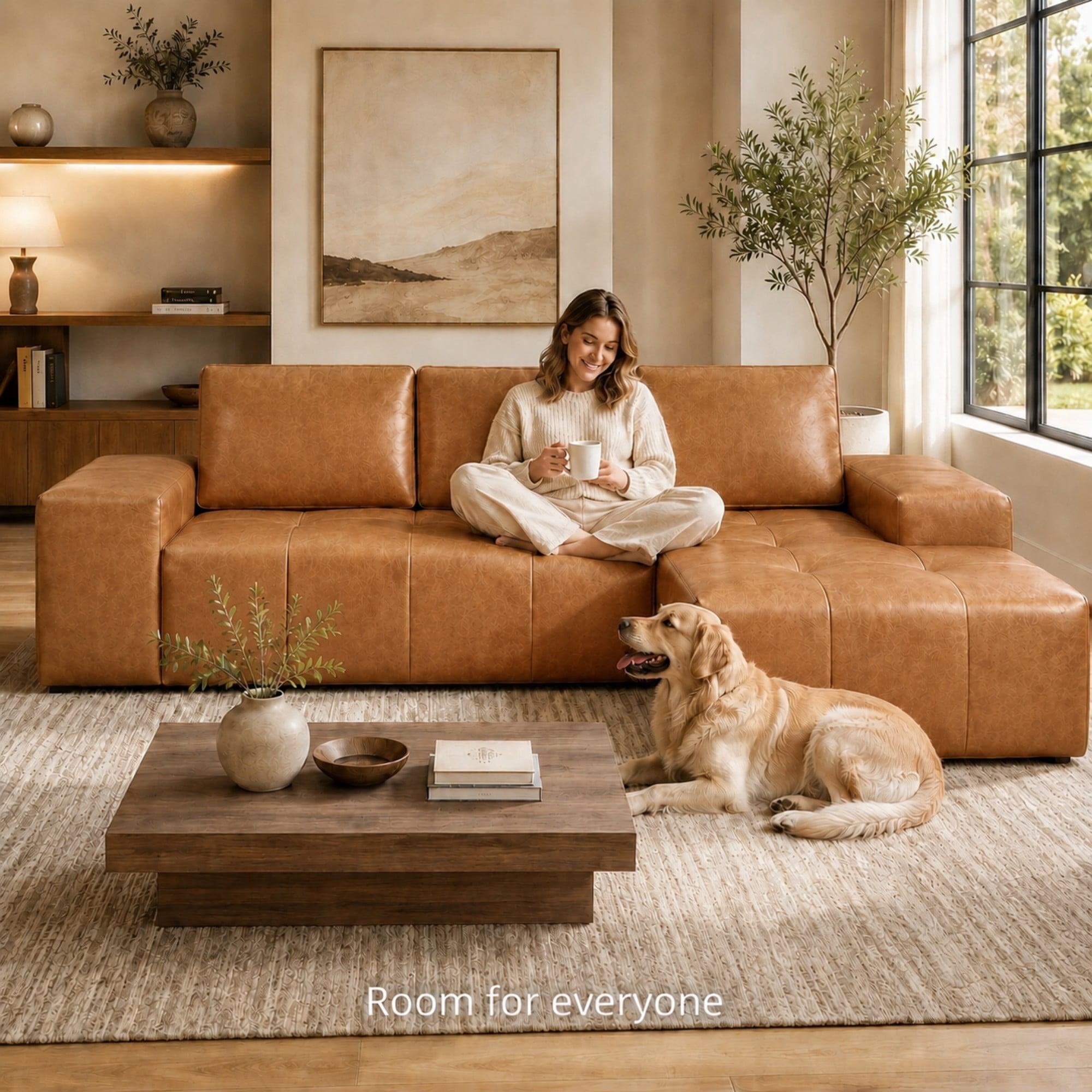 Aenkyo 114" Faux Leather L-Shaped Sectional Sofa with Right Hand Chaise, Boneless Modular Couch, Ginger