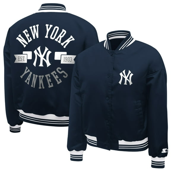 Women's Starter  Navy New York Yankees Printed Logo Cropped Satin Varsity Full-Snap Jacket