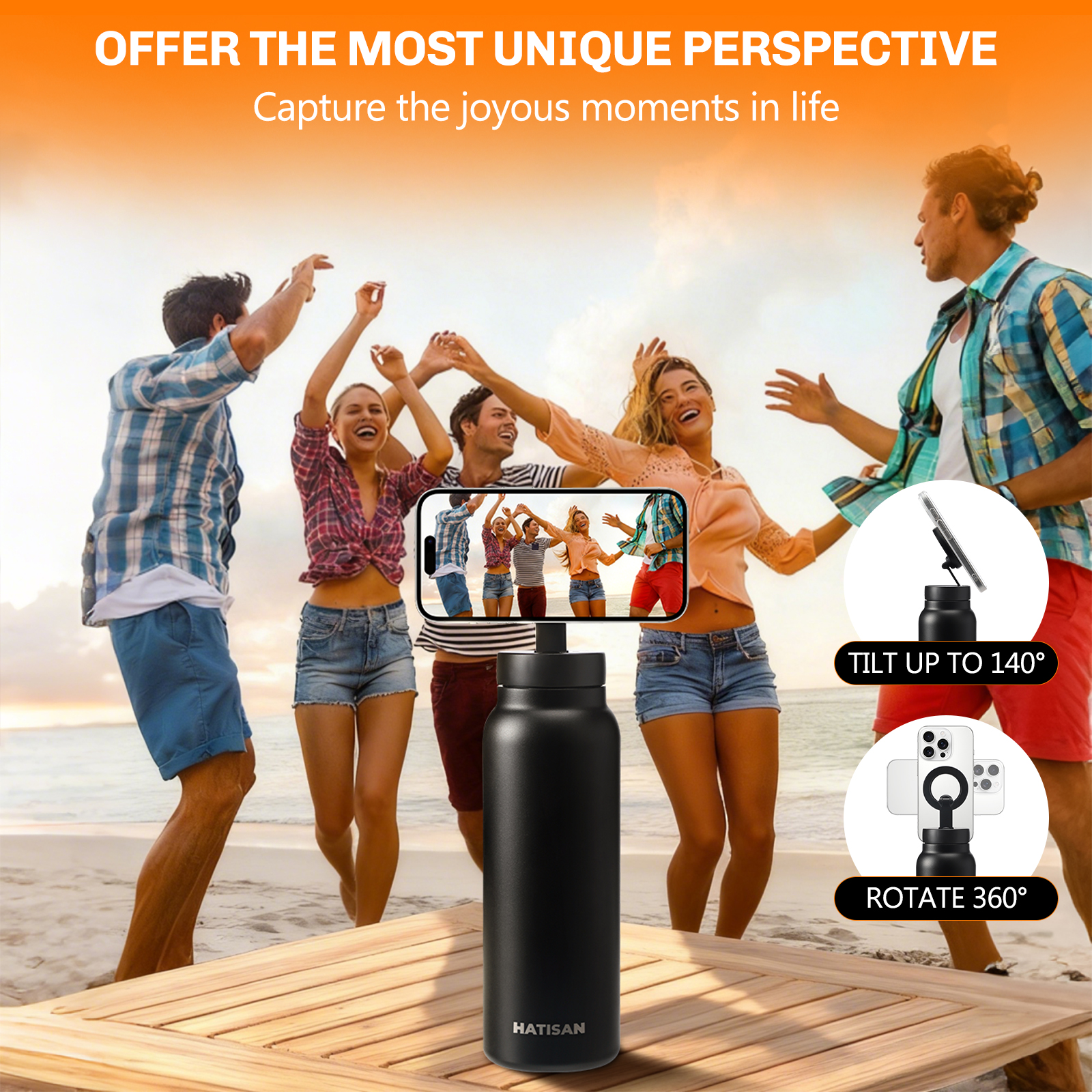Hatisan 24 oz Insulated Water Bottle, Magnetic Stainless Steel Water Bottle, with Mobile Phone Holder Tripod, Hot for 12H, Cold for 24H(Black)