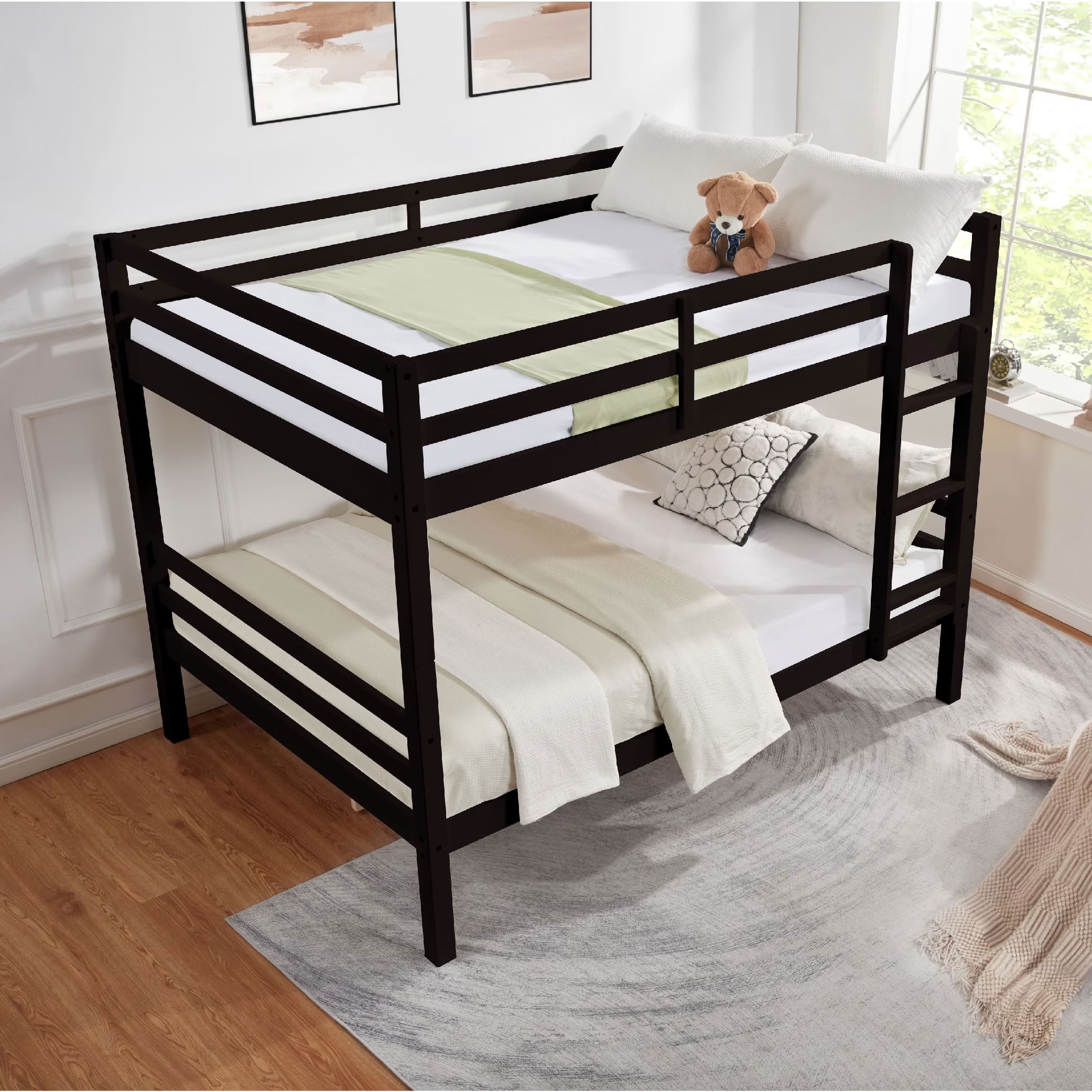 MAYEERTY Full over Full Bunk Bed with Thick Posts, Solid Wood Bed Frame with High Guardrail and Ladder, for Kids Teens Dorm Rooms, No Box Spring Needed