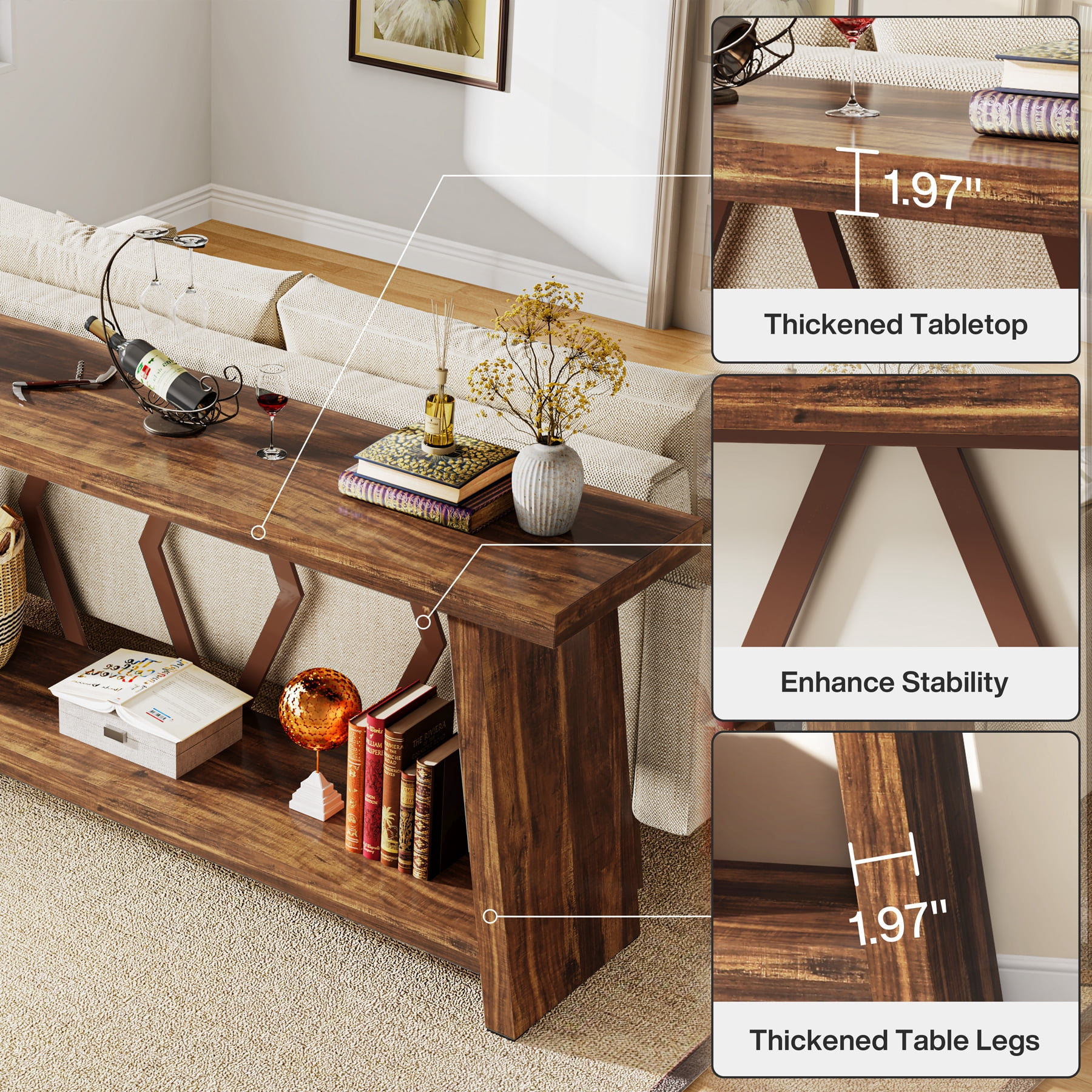 Fnova 70.86" Farmhouse Console Table for Entryway, 2-Tier Storage Long Narrow Wood Entryway Sofa Table, Easy Assembly, for Living Room Staircase Hallway Decor