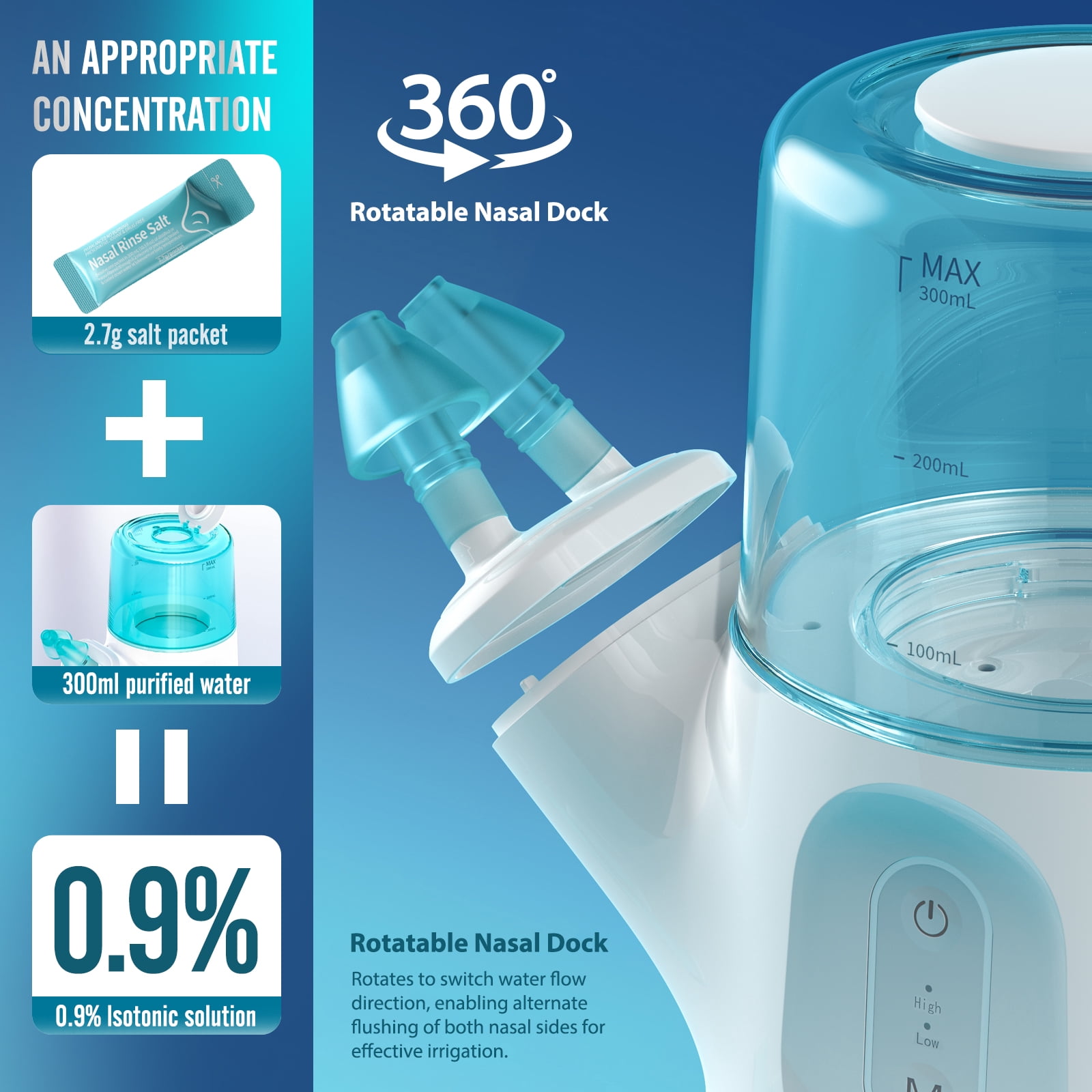 MAOEVER Nasal Irrigation System - Gentle Sinus Rinse for Nasal Congestion, Sinus Relief, Sensitive Nasal Mucosa & Dry, Irritated Noses- Dual Tank with 30 Salt Packets, Measuring Cup & 4 Tips (300mL)