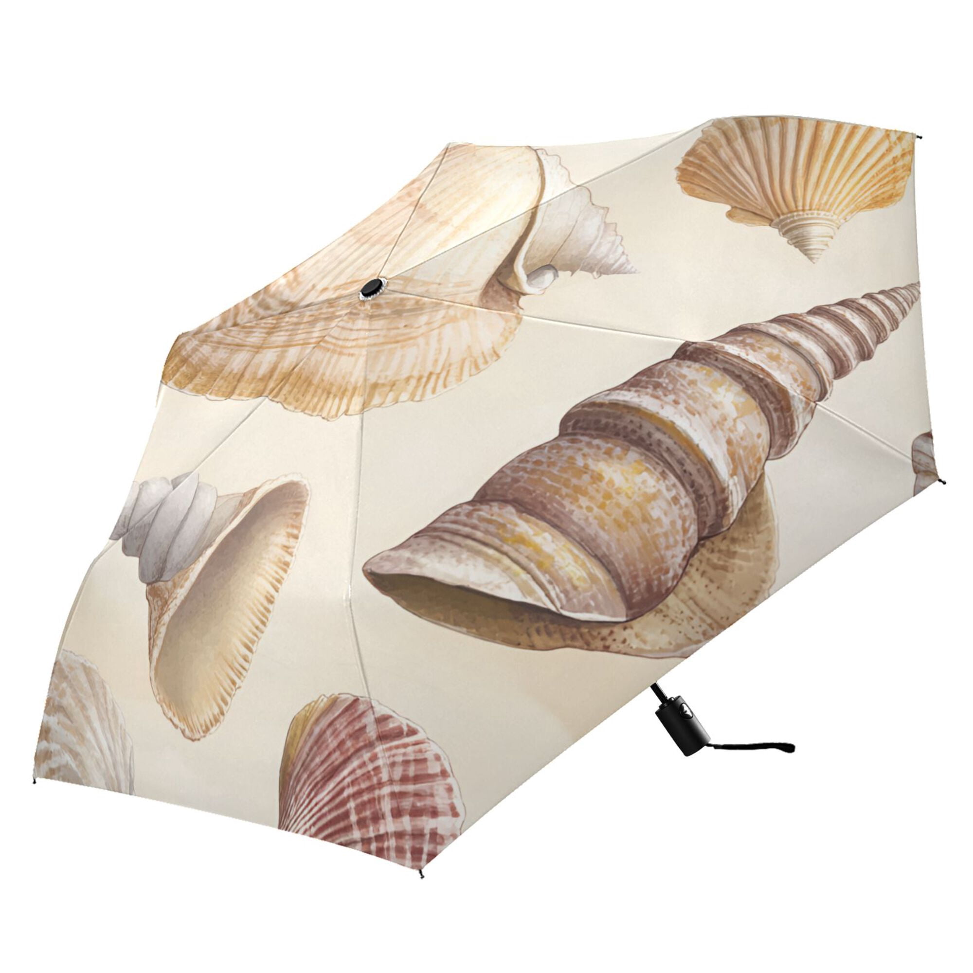 FORMRS Travel Umbrella Folding Auto Open Close Windproof Rain UV Protection, Beige Watercolor Seashells