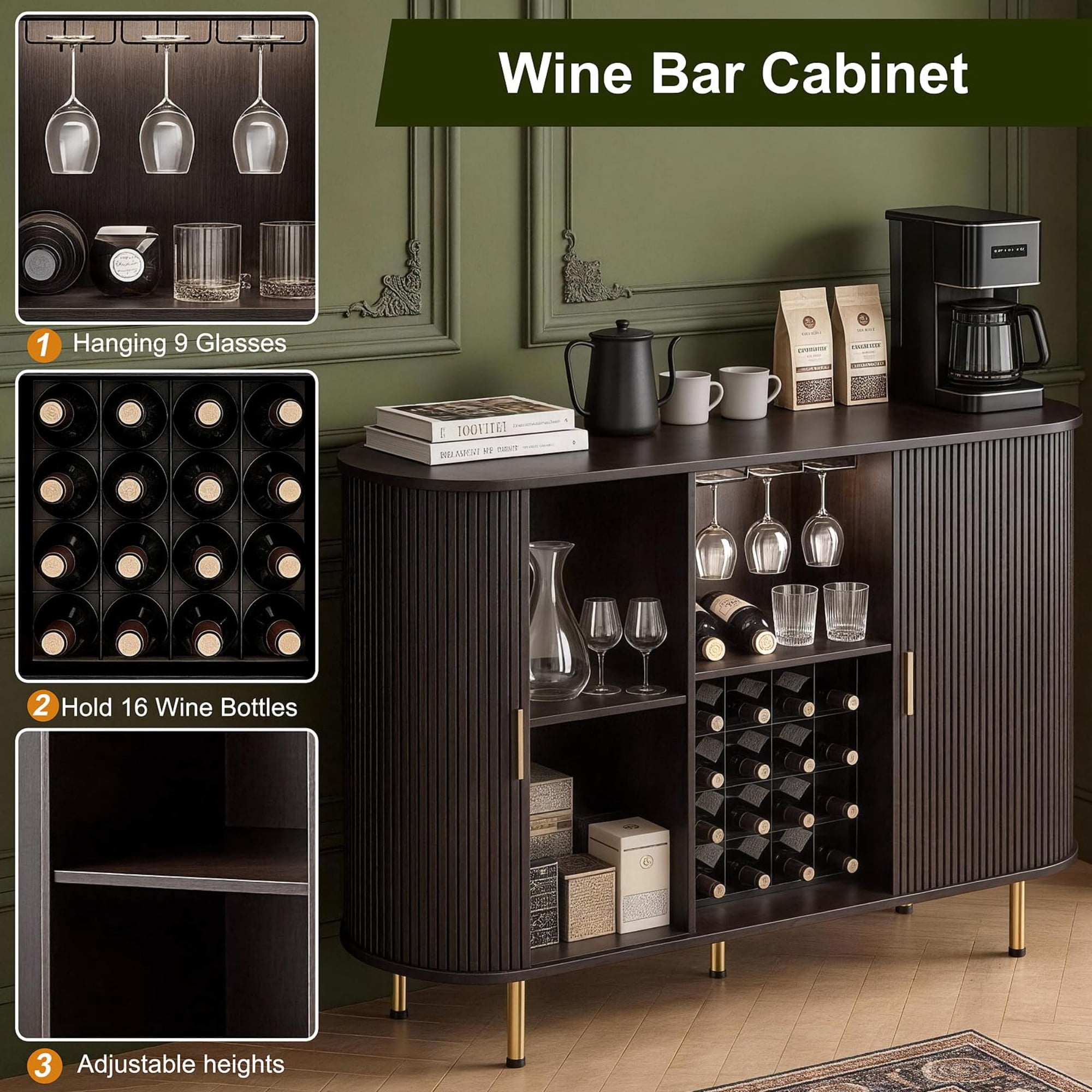 55" Wine Bar Cabinet with Storage, Fluted Coffee Bar Cabinet with Wine Rack & Glass Holder, LED Buffet Sideboard, Walnut