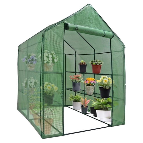 Walk in Greenhouse for Outdoors Indoors Backyard, 2-Tier 8 Shelves Mini Green House Kit with Durable PE Cover & Zipper Door, Garden Plastic Warm Grow Tent for Plants Flower Seedling Growing