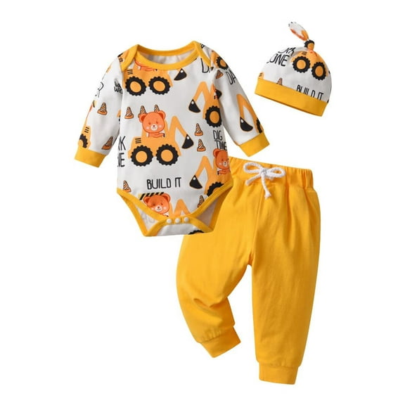 Newborn Baby Boy Clothes Cartoon Pattern Long Sleeve Romper   Pants   Hat 3PCS Outfits Set Yellow 0-3 Months