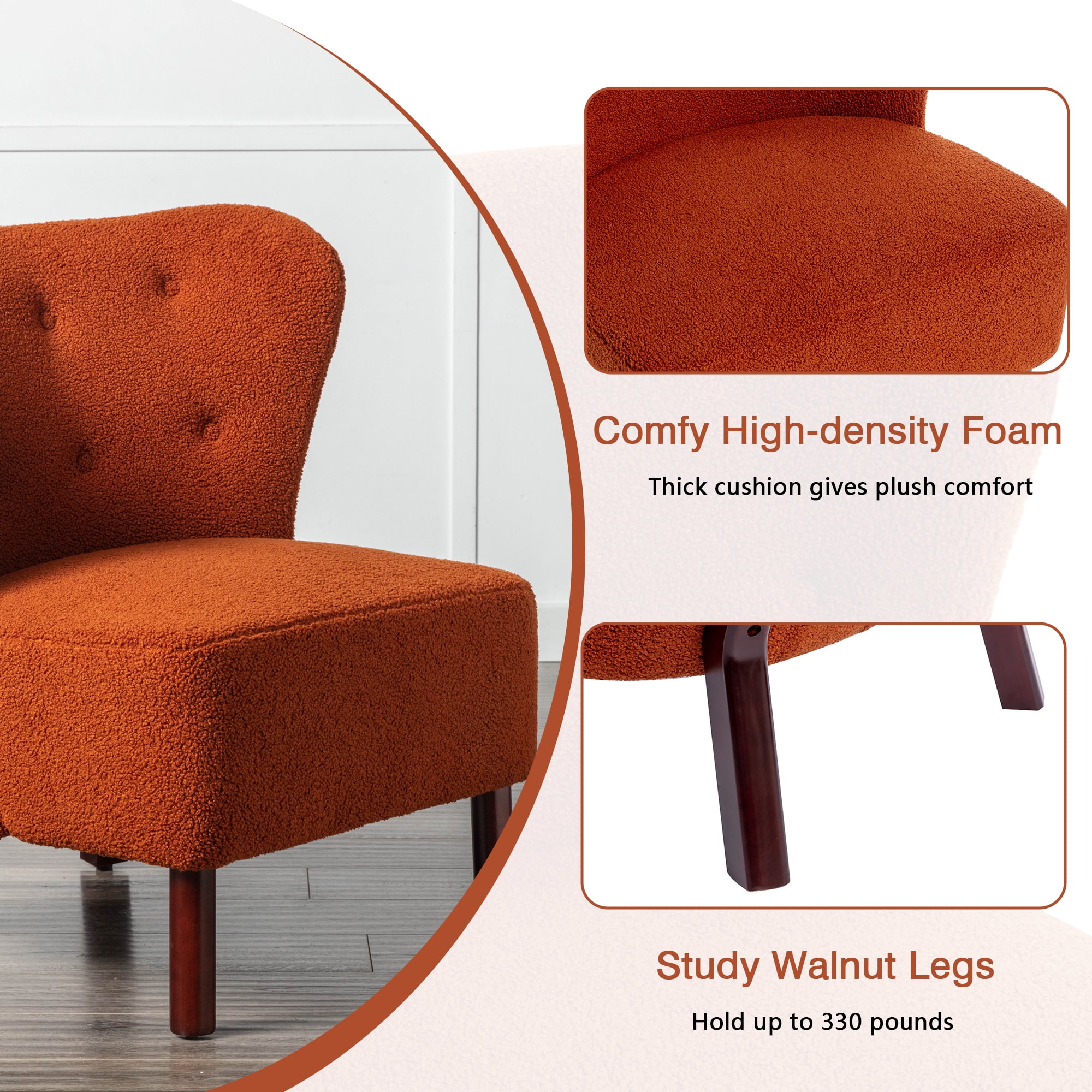 Miniyam Sherpa Boucle Accent Chair with Wooden Legs,Round Upholstered Armless Chair for Small Spaces,Reading Chair,Orange