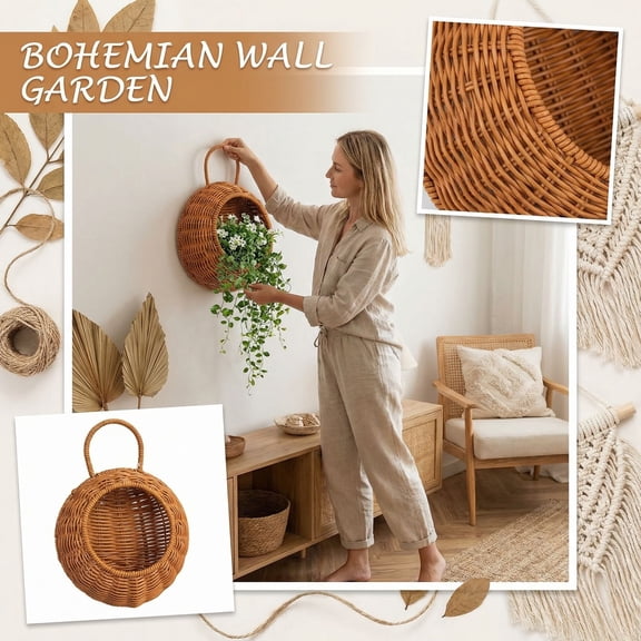 laqbezok Round Rattan Wall Basket, 10.82" Hand-Woven Hanging Storage Pocket, Decorative Wicker Wall Planter for Entryway, Kitchen & Bathroom, Boho Home Decor Accent