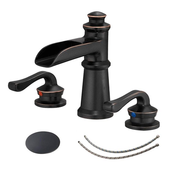 Homevacious Widespread Bathroom Faucet Oil Rubbed Bronze Waterfall 2-Handle with Pop up Drain Assembly Farmhouse 3 Holes 8-16 Inch Sink Rustic Mixer Tap Overflow Com