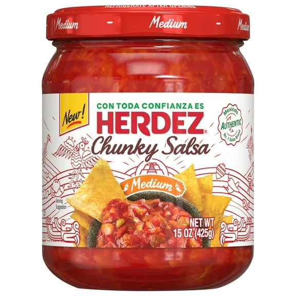 HERDEZ Chunky Salsa Medium, Tortilla Chip Dip, Shelf Stable, 15 oz Glass Jar
