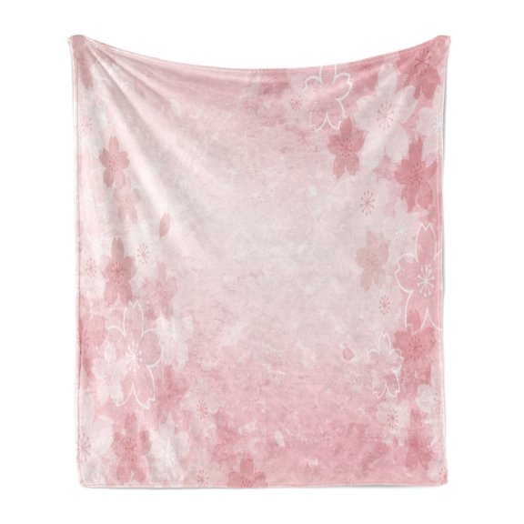 Nature Soft Flannel Fleece Throw Blanket, Cherry Blossoms Pattern in Shabby Form Style Flourish Themed Artwork Print, Cozy Plush for Indoor and Outdoor Use, 60" x 80", Pink, by Ambesonne