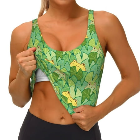 Qokaie Cartoon Frog And Lotus Leaf Pattern Womens Scoop Neck Sports Bra Breathable Workout Vest Padded U Back Medium Impact Fitness Gym Yoga Bra Workout Crop Top