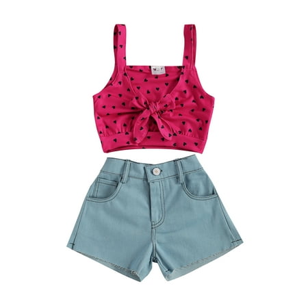 

Binwwede 2Pcs/Set Toddler Kid Baby Girls Sleeveless Crop Top Lace-up Bowknot T-Shirt Denim Shorts Summer Outfits MHX